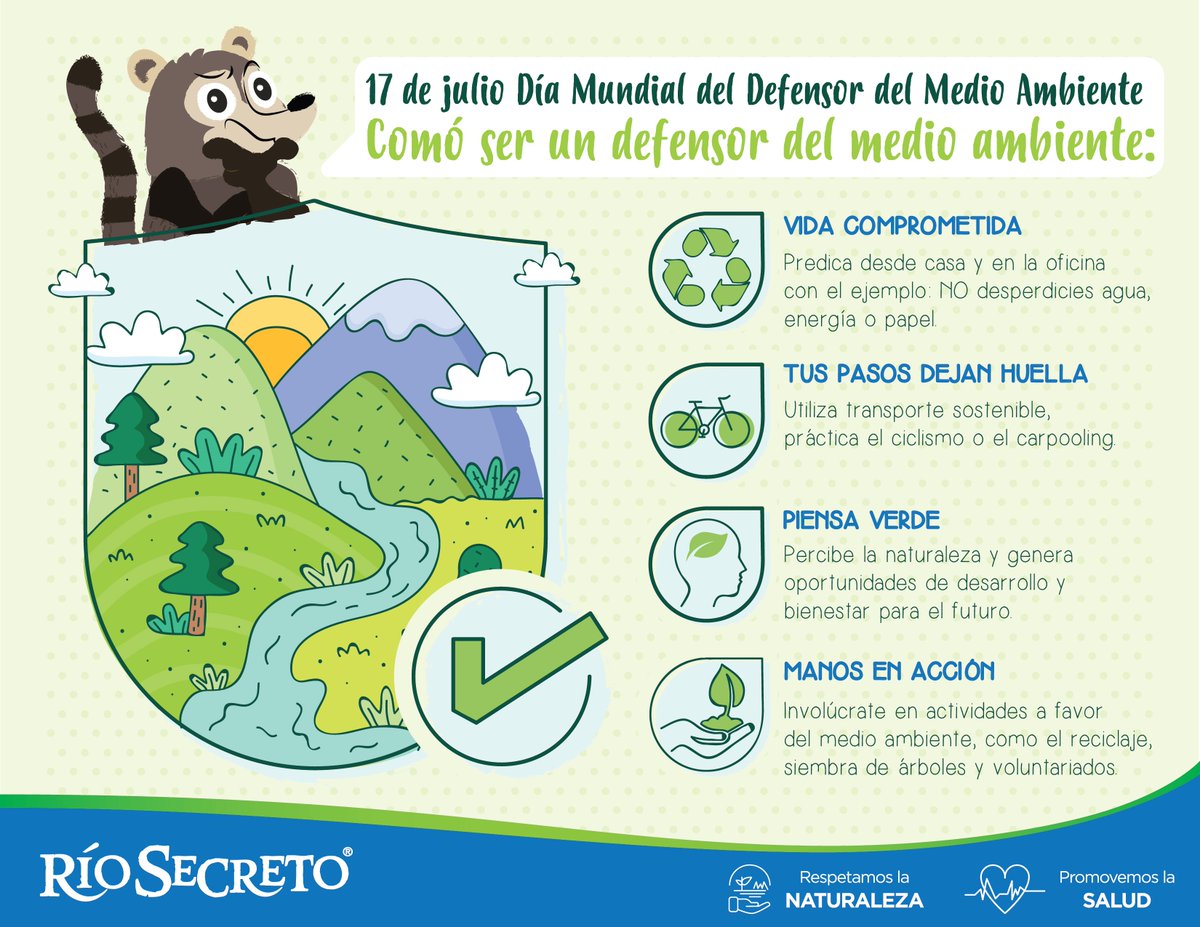 riosecreto's tweet photo. #FelizMiércoles Hoy celebramos a todas las personas 👥 que aportan a la protección, conservación y recuperación 🤲 de nuestros recursos naturales. 🌳
¡Feliz día Mundial del defensor del medio ambiente! 🍃💚
#YoCuidoElMedioAmbiente #MedioAmbiente #DefensorDelMedioAmbiente https://t.co/yGlfUdOYiG