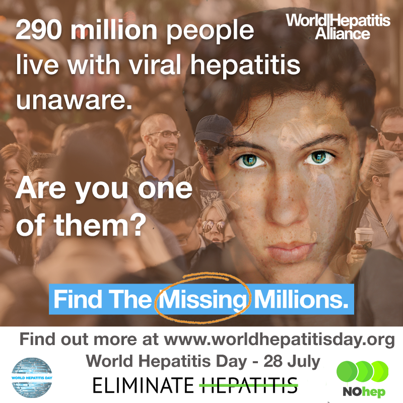 MidAmericaATTC's tweet image. World Hepatitis Day is next week — July 28. 290 million people live with viral hepatitis and are unaware of it. Are you one of them?

#WorldHepatitisDay #FindingTheMillions #NoHep