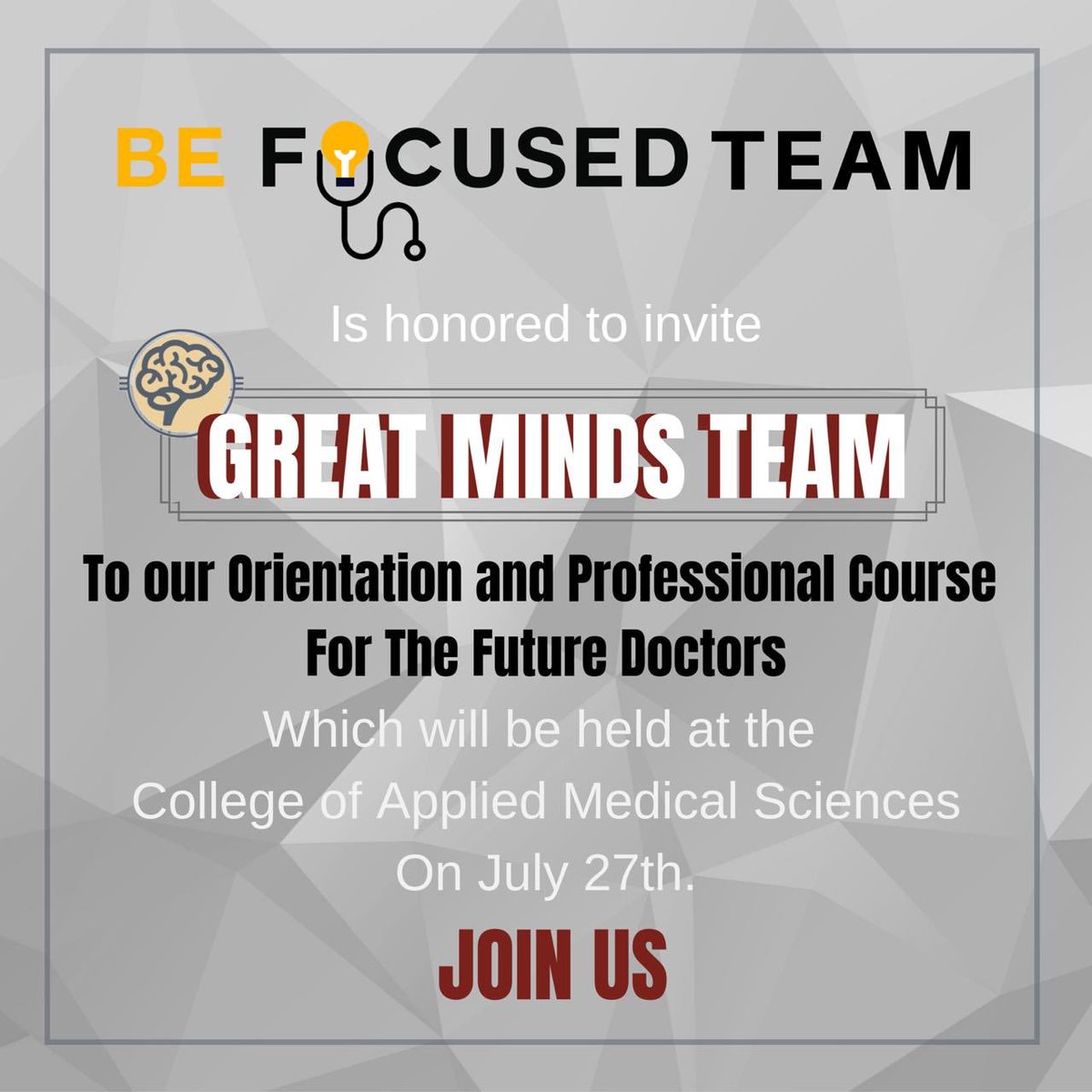 ⭐️ نشكر فريق <a href="/BeFocusedTeam/">Be Focused 💡</a>المميز  على مبادرته الرائعة في دعوة فريق عقول نيّرة لدورتهم القادمة | للتسجيل على الرابط : bit.ly/BeFocused2019