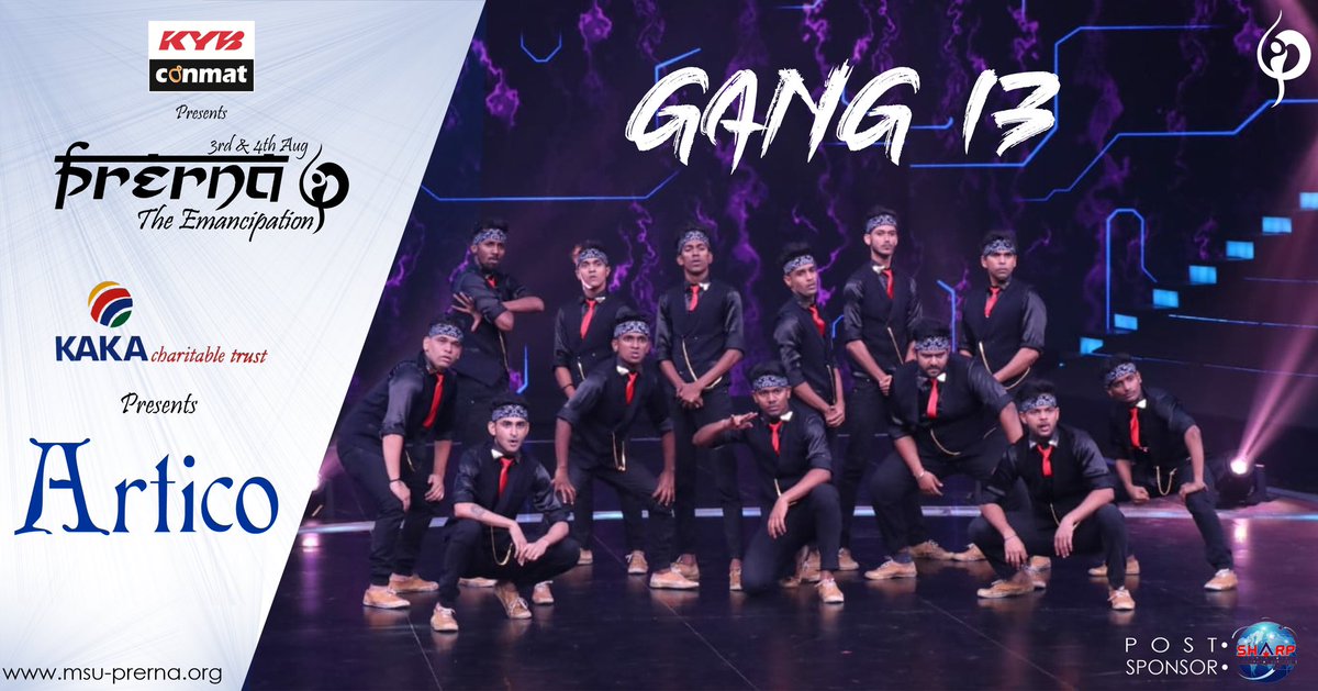 msu_prerna's tweet photo. With immense prestige, Artico presents to you the sensational and sublime, Gang 13. Their sheer hard work, perseverance and passion has catapulted them to National Arena. With their unique dance form, Gang 13 started out in 2015 with a style never witnessed secured second place- https://t.co/eVf7XExsjm