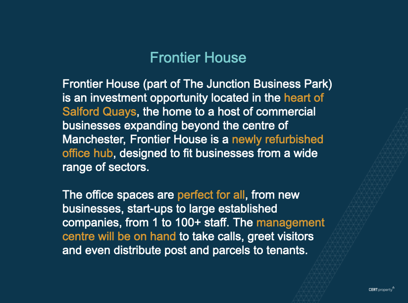 CERT_property's tweet photo. Welcome back to day 8 of our birthday celebrations, today we'd like to showcase Frontier House in Salford Quays 

#certproperty #birthday #commercialproperty #salfordquays https://t.co/qxGkJ0VIfp