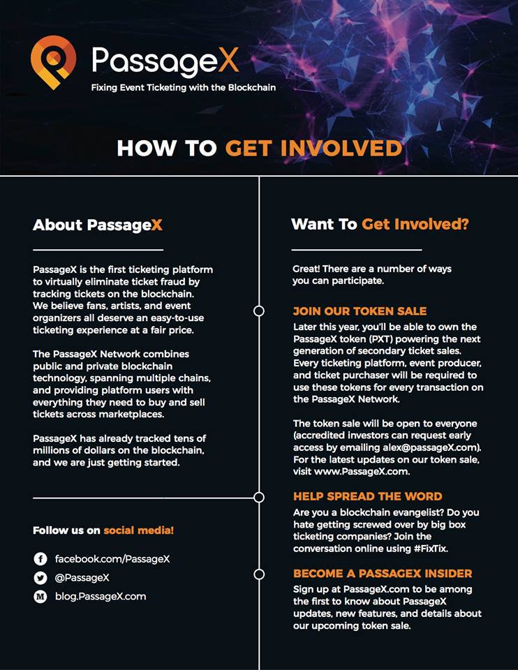 PassageXNetwork's tweet photo. Digging the PassageX network, but not sure how you can get involved? Here's a quick overview of how you can join in our efforts in fixing event ticketing! #FixTix https://t.co/jXZKFXrZb3