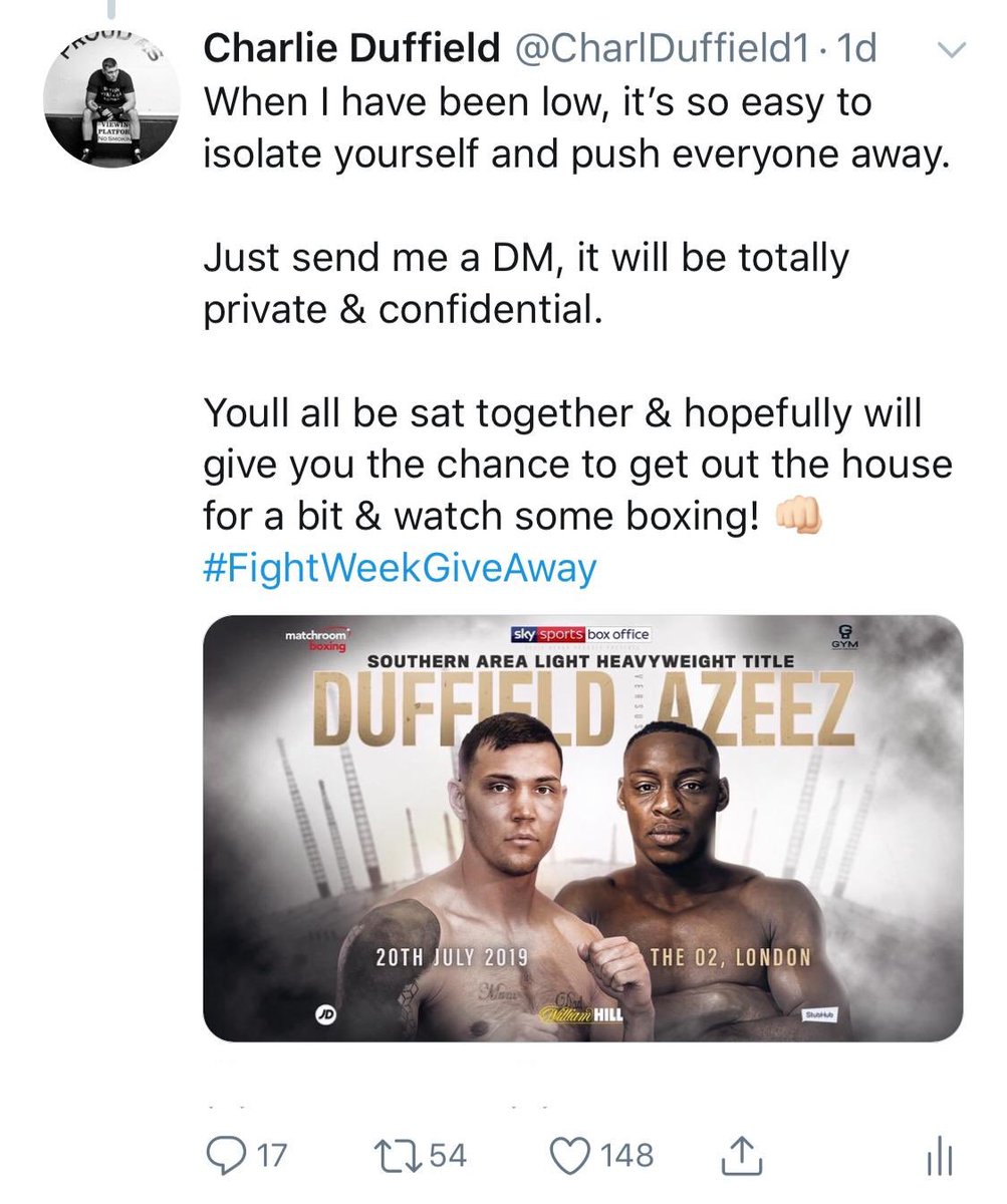 🤯 We’ve worked hard over the last 8 weeks to help tell <a href="/CharlDuffield1/">Charlie Duffield</a>’s incredible story... 

🎟 So when he said he wanted to give back to boxing fans &amp; those suffering with mental health, we helped do this! 

👀 257k impressions!
🤳 200 new followers!
📩 150+ DMs and mentions!