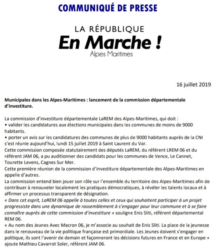 06_Renaissance_'s tweet photo. ▶️ Retrouvez notre communiqué de presse suite au lancement de la Commission Départementale d'Investiture #LaREM06 pour les #Municipales2020 ! https://t.co/aWFWvY1pWV
