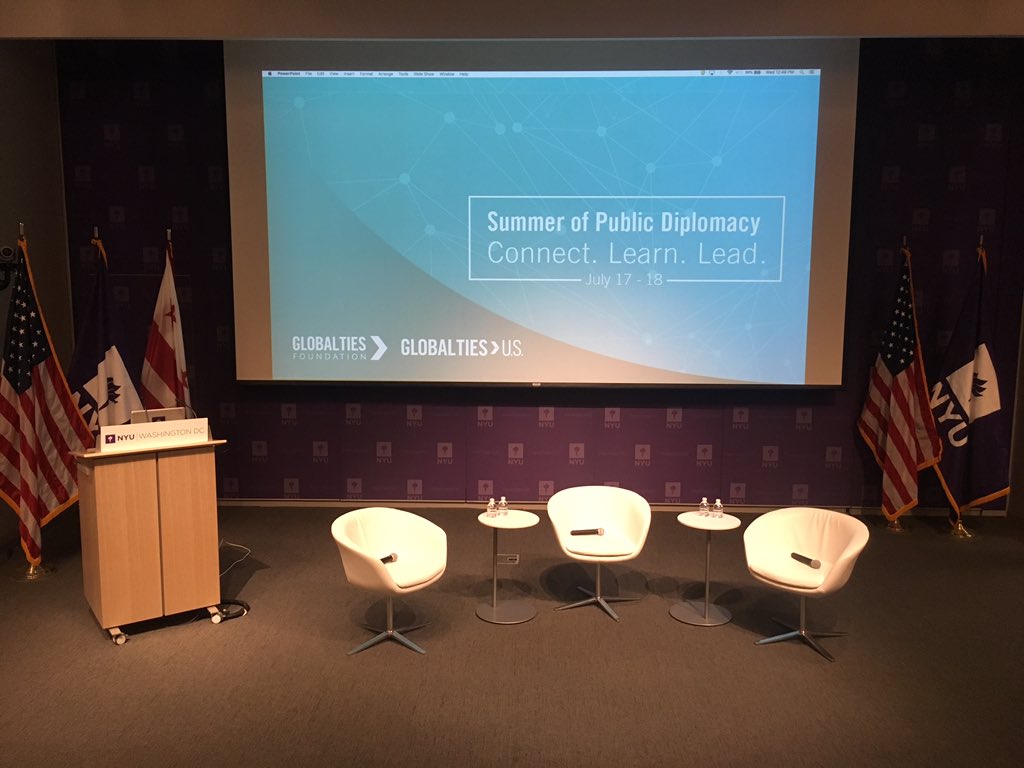 GlobalTiesFdn's tweet photo. We’re behind the scenes at the first ever Global Ties Summer of #PublicDiplomacy! 

Stage is set, registration is open; who’s ready to learn how to connect &amp; lead the way in international affairs?! 🙌👋🖐 

Programming kicks off at 1:30 PM ET. Join the conversation at #SummerPD https://t.co/g9YsEUX5KG