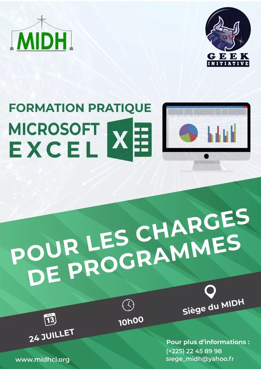 midhciv's tweet photo. [Formation Excel]
Le @midhciv organise une session de formations sur Microsoft #Excel pour ses membres - chargé(e)s de programmes. La première formation se tiendra le mercredi 24 juillet 2019 à 10h00 au siège de l'organisation. https://t.co/en2iWLk6xv