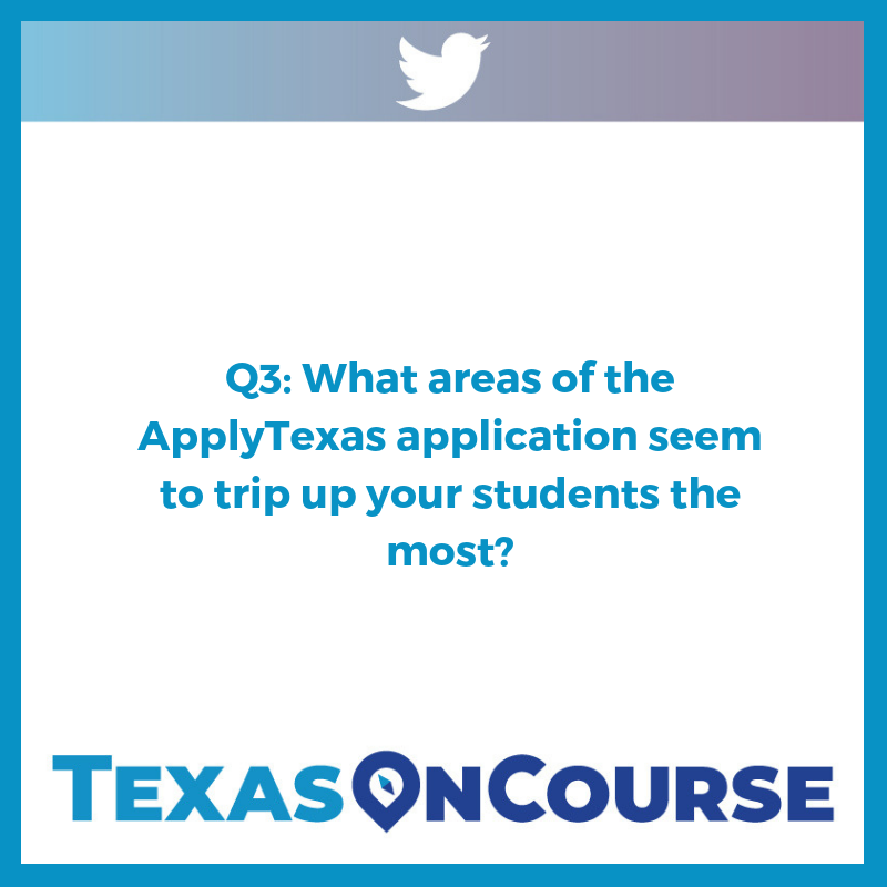 TexasOnCourse's tweet photo. Q3) There are always some pesky areas of confusion or hesitation. What are they, and how do you help your students work through them? #ApplyTxChat https://t.co/eAfnb2sntu