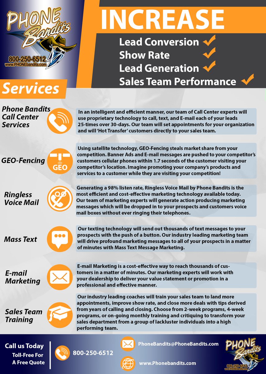Check out our awesome services that will help your business grow!! Our 21st century technologies will help you generate and convert more leads for your business! Call us today 800-250-6512 or visit our website Phonebandits.com 
#SmallBusinesshelp
