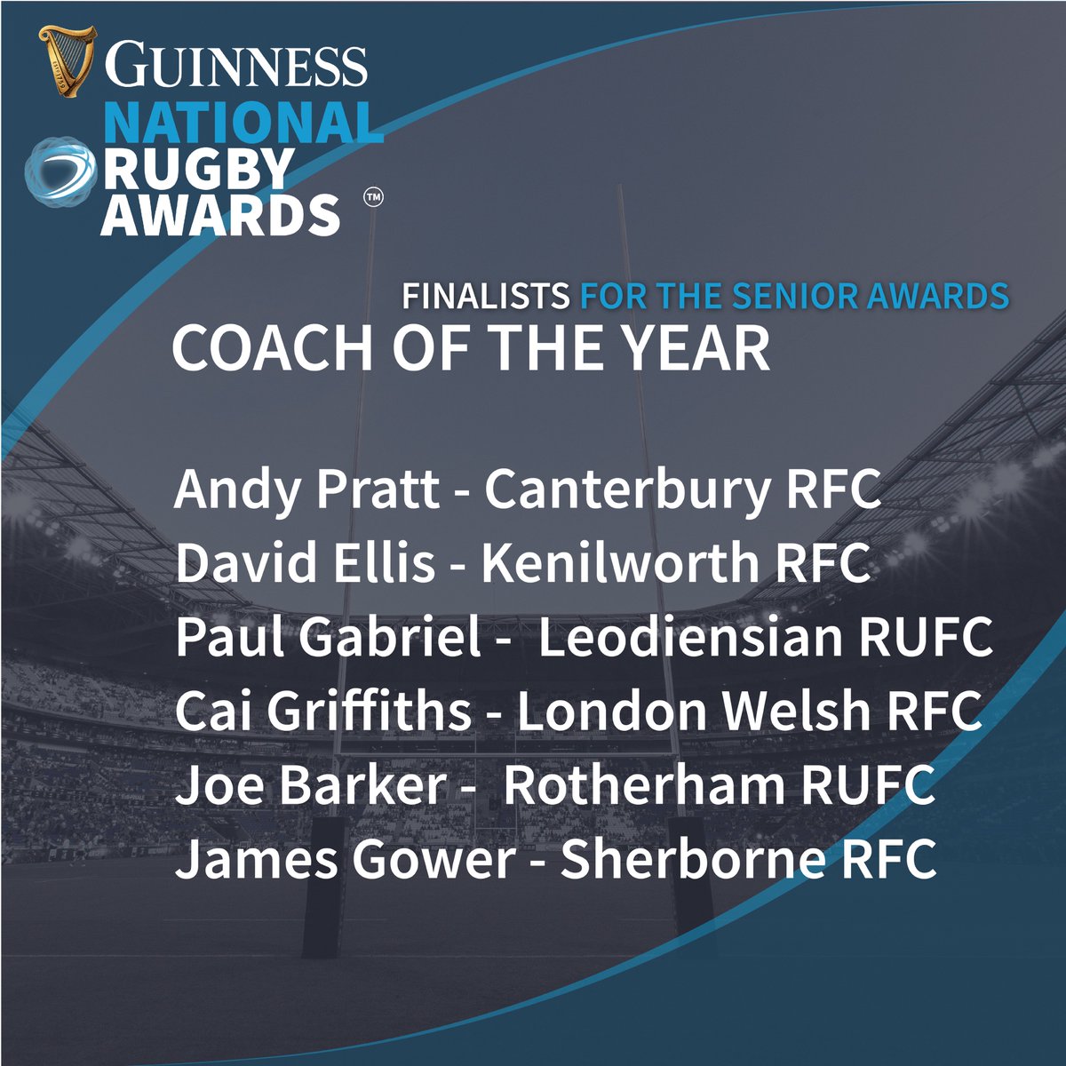 nationalrugbyaw's tweet photo. 🏉 Coach of the Year 🏆 FINALISTS are… Andy Pratt @cantrugby, David Ellis @kenilworthrugby, Paul Gabriel @leosrugby, Cai Griffiths @LondonWelshRFC, Joe Barker @RotherhamRugby, James Gower @sherborne_rugby
#Rugby #RugbyNews #EnglandRugby #GuinnessNationalRugbyAwards https://t.co/SmrGycxKuI