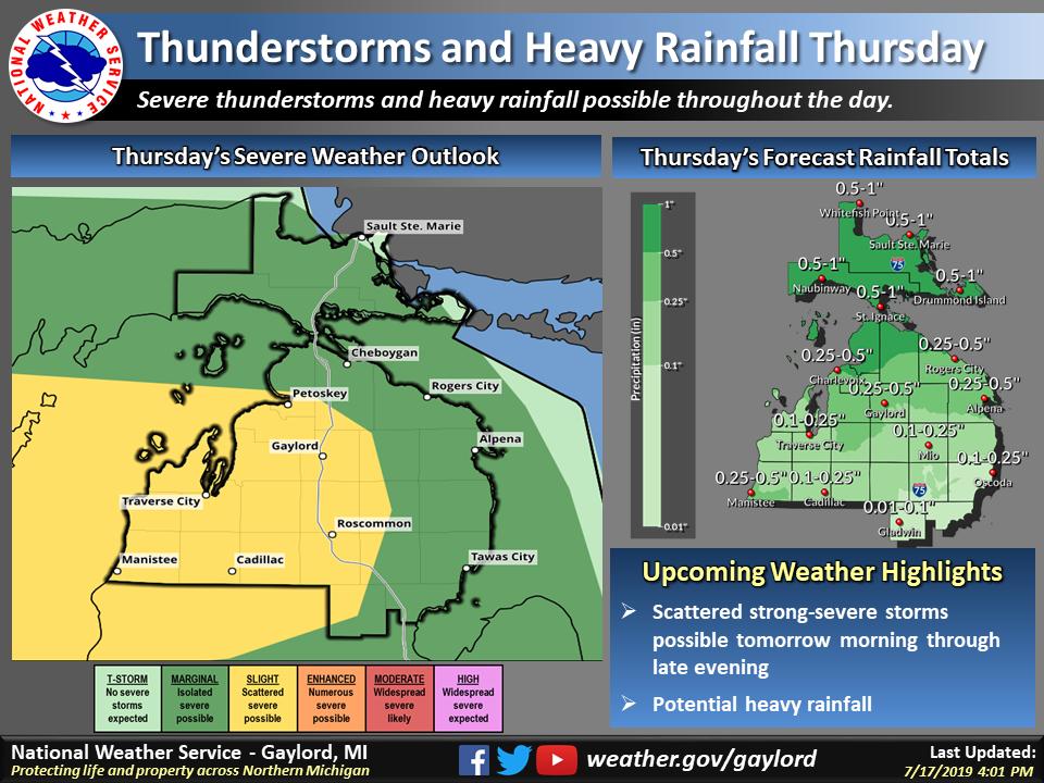 Scattered strong to severe thunderstorms and heavy rainfall are possible Thursday morning through the evening hours. The main risks will be damaging winds, hail, lightning, and heavy rainfall. #miwx