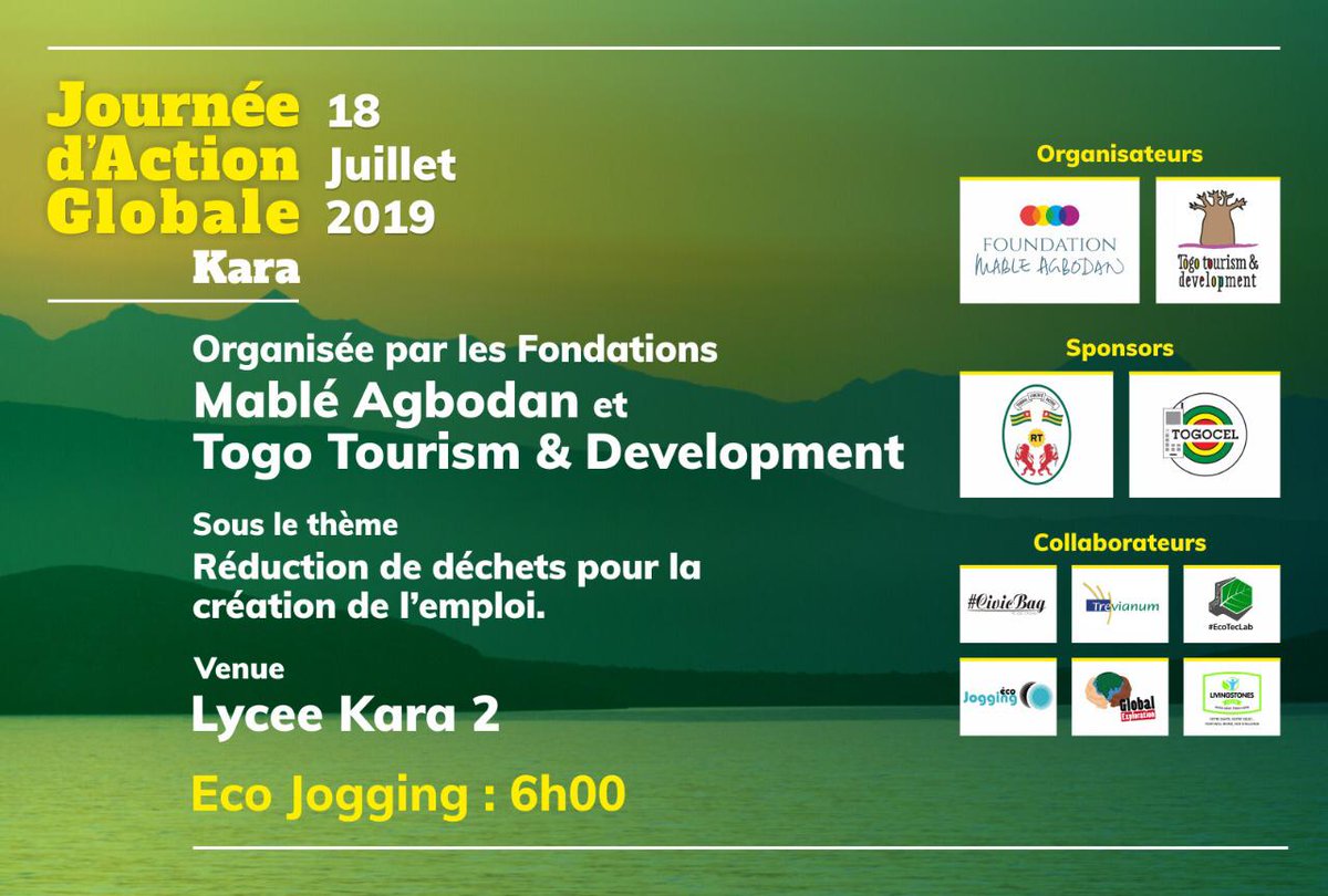 #Togo #Ecojogging rendez-vous ce jeudi 18 juillet à #Kara  pour la Journée d'Action  Globale organisée par les Fondations Mable Agbodan et Togo Tourism &amp; Development
<a href="/Elbam475/">Mablé AGBODAN</a> <a href="/EcoTecLab/">EcoTec Lab</a> <a href="/CivicBag/">Civic Bag</a>
#Denyigban