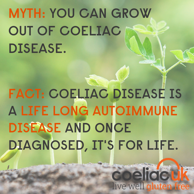 Coeliac_UK's tweet photo. Myth: You can ‘grow out’ of having coeliac disease.

Fact: Coeliac disease is a lifelong autoimmune condition and the gluten free diet is the only treatment.

📣 Share to raise awareness of coeliac disease 📣

#mythbusted #CoeliacDisease #CoeliacUK https://t.co/lzWeOIOMeb