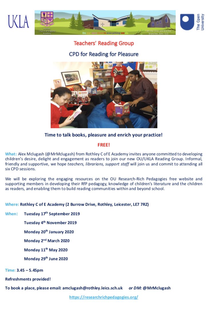 Interested in reading for pleasure and would like some FREE CPD courtesy of  <a href="/OpenUni_RfP/">Reading for Pleasure 🧶</a>?? I am leading a Reading for Pleasure TRG based in North Leicestershire and would love for you to join me! Please DM for more information! Please RT or tag anyone who may be interested.