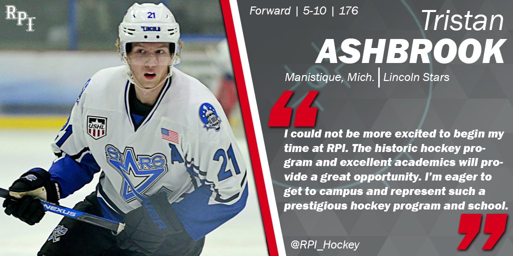 RPI_Hockey's tweet photo. Welcome to @RPI, Tristan Ashbrook!
He recorded 23 points for the @LincolnStars in 2018-19 and hails from Manistique, Michigan.
#RPIHockey #RPI23 https://t.co/qa08uTLwgl
