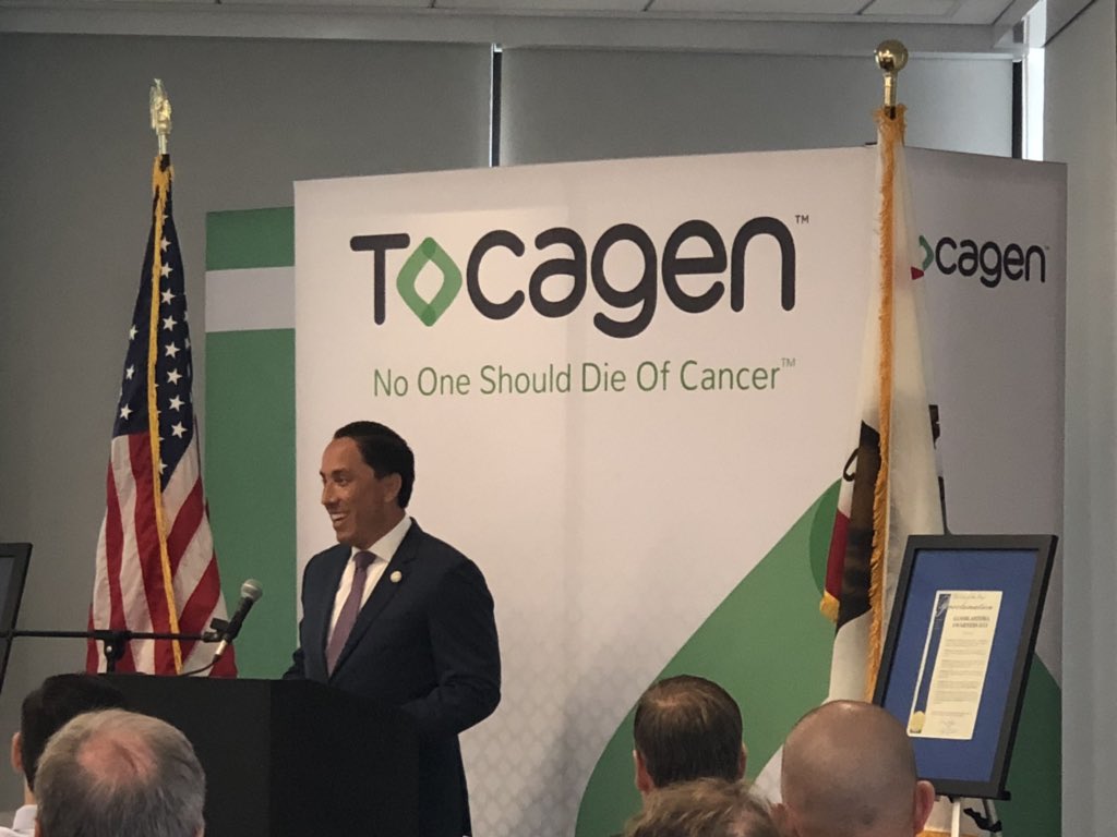 Tocagen's tweet photo. Assemblymember @ToddGloria joins us today in honor of #GBMDay. He says, “Those of us in Sacramento understand the value of innovation and need to invest in research. Like you, I believe no one should die of cancer.” #HonorAndAct #glioblastoma https://t.co/y8jq8V9XOH