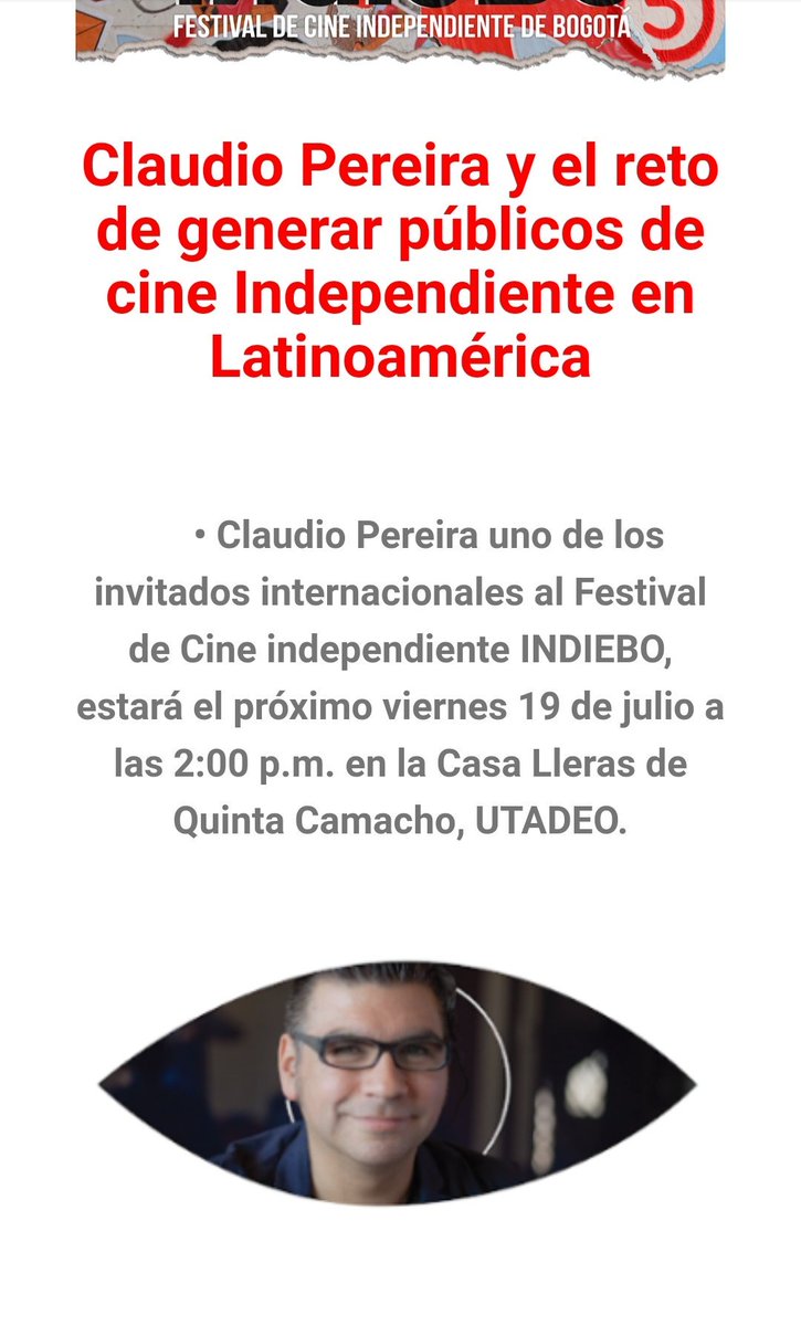 CamiloCalderonA's tweet photo. Algo genial del @IndieBogota son las charlas #indietalks. El viernes me voy a oír a dos expertos que hablarán de los retos de la circulación del cine independiente @Utadeo_edu_co https://t.co/AFh7lHkVSr