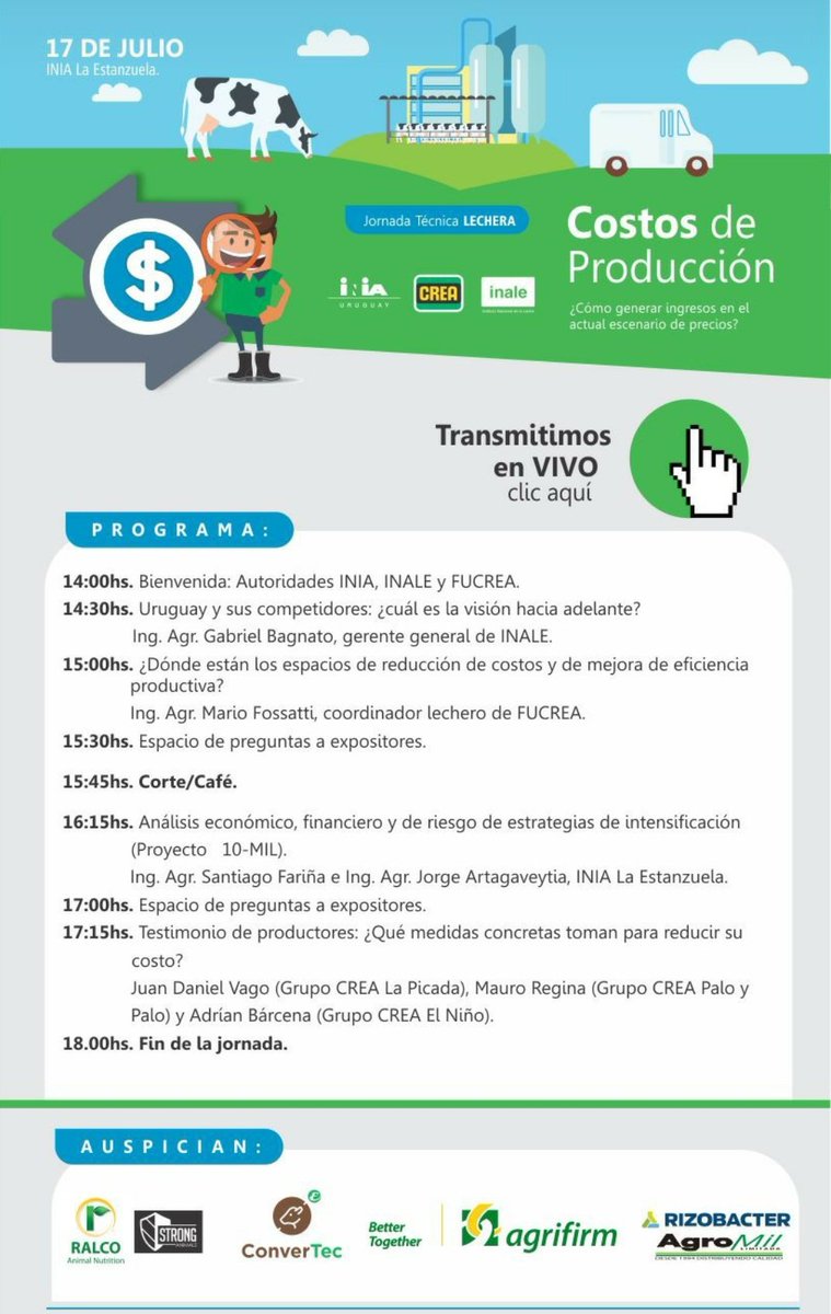 Unirse a la transmisión en vivo de la Jornada Técnica Lechera junto a <a href="/INIA_UY/">INIA URUGUAY</a> e <a href="/INALE_UY/">INALE</a> 
Ingresá aquí youtube.com/channel/UC_QJg…