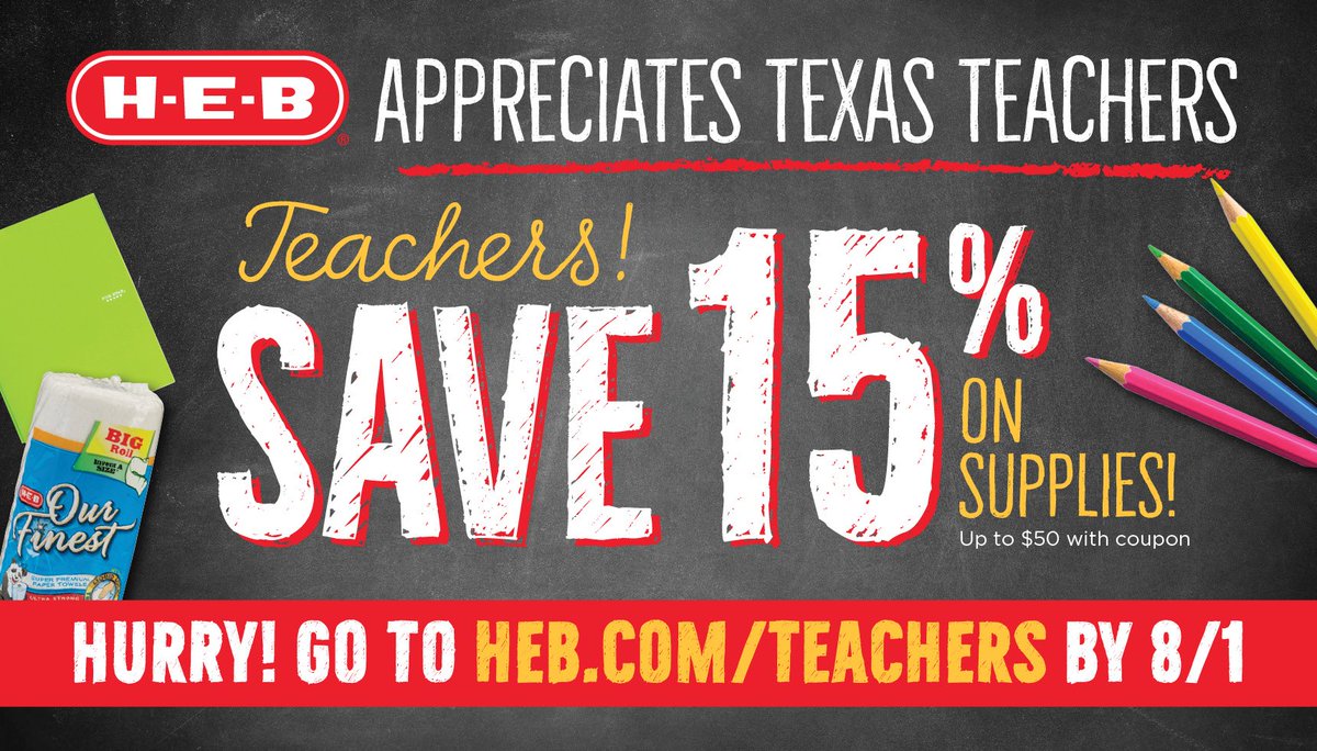 HEBNewsroom's tweet photo. Thank you, educators! @HEB to extend exciting back-to-school savings, helping Texas teachers stretch their dollars and gear up for the new school year. For more info, visit https://t.co/BkvBEnxmE6 
@SAISD @AustinISD @HoustonISD @LaredoISD @CCISD @NISD @ssaisd https://t.co/X9GmUjCLVm