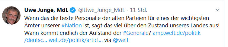 KreuzAcht's tweet photo. "Wann kommt endlich der Aufstand der #Generale?"

Kann man das als einen Aufruf zum Militärputsch gegen die Bundesregierung verstehen? https://t.co/gZhJBwXswm