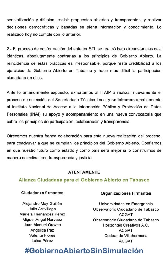 GobAbiertoTab's tweet photo. #GobiernoAbiertoSinSimulación
Por este medio, expresamos nuestra enérgico rechazo al proceso de conformación del STL. 
Exhortamos al @itaiptabasco a realizar nuevamente este proceso cumpliendo los principios básicos de transparencia, participación y colaboración. 
Ccp @INAImexico https://t.co/CPLZa02DEj