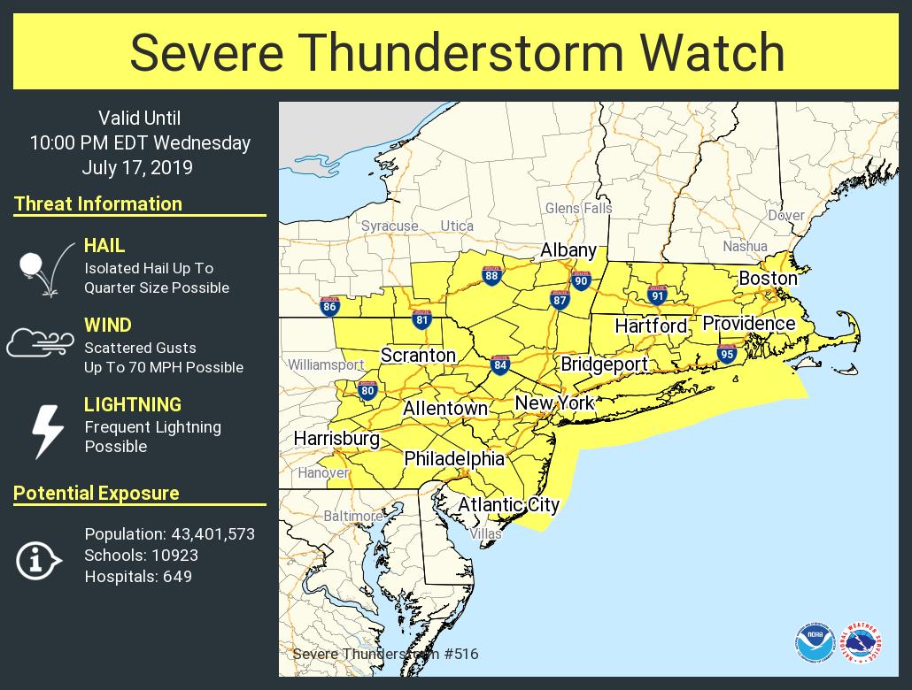 NWSBoston's tweet photo. SEVERE THUNDERSTORM WATCH goes till 10p. Main concerns are locally strong to damaging winds contributing to isolated tree and / or power line damage. https://t.co/W7W4KY5oeq