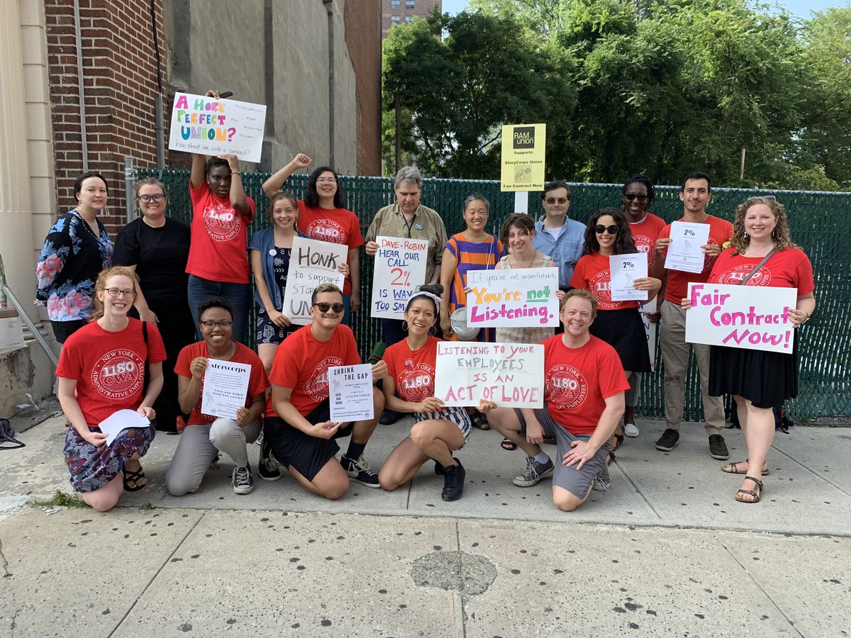 StoryCorpsUnion's tweet photo. Almost two years without a #faircontract and we still look cute. But the sitch ain't cute. #1u #solidarity #StandWithStoryCorps https://t.co/x3QBLH8CJT