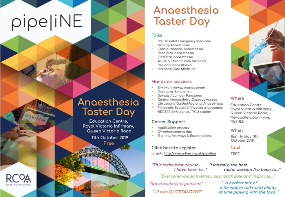 PipeliNE - A unique Anaesthesia taster day - FREE - for medical students and junior doctors. 11th October. Based in the NE - for trainees everywhere. #tasterday @RCoANews @AAGBI