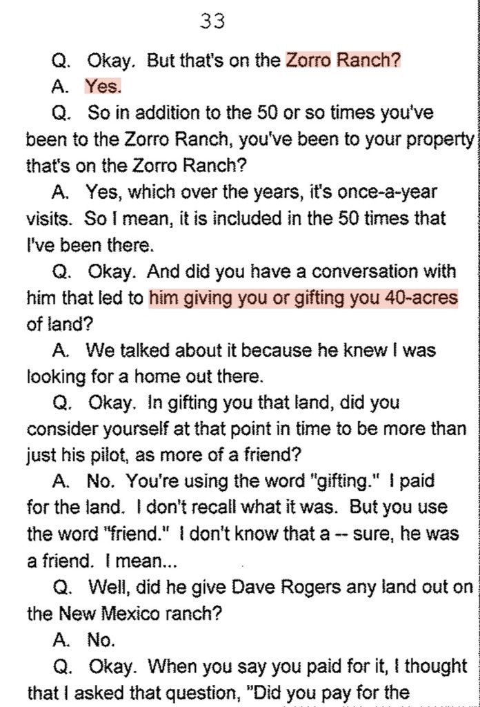 Thanks to  @LuluLemew for this Here, in his 2009 deposition, they ask Larry why Epstein "gifted" him 40 acres of land/home on his ranch. Larry tries to say he paid for it, later, when called out on it, he acknowledges that he didn't pay "a substantial amount." 