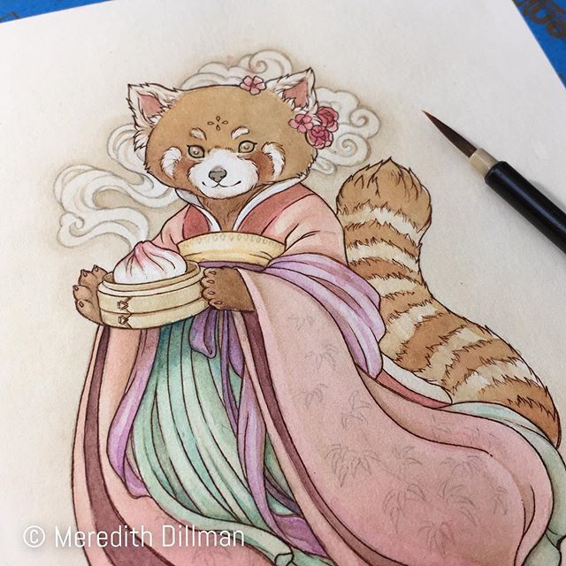 Progress on bao red panda - adding come color 🥟 #redpanda #dumplings #watercolor #cuteanimalart #workinprogressart #redpandaart #pandas #artistsoninstagram #cuteartwork #artofinstagram #hanfu