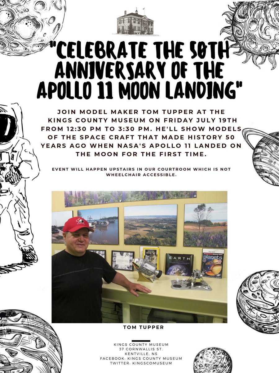 Drop by the Kings County Museum from 12:30-3:30 on Friday (July 19) to visit model maker Tom Tupper and his recreation of the space craft, and other machinery, that made history during the Apollo 11 moon landing. 

#KingsCountyMuseum #Kentville #NovaScotia #Apollo11 #Museum