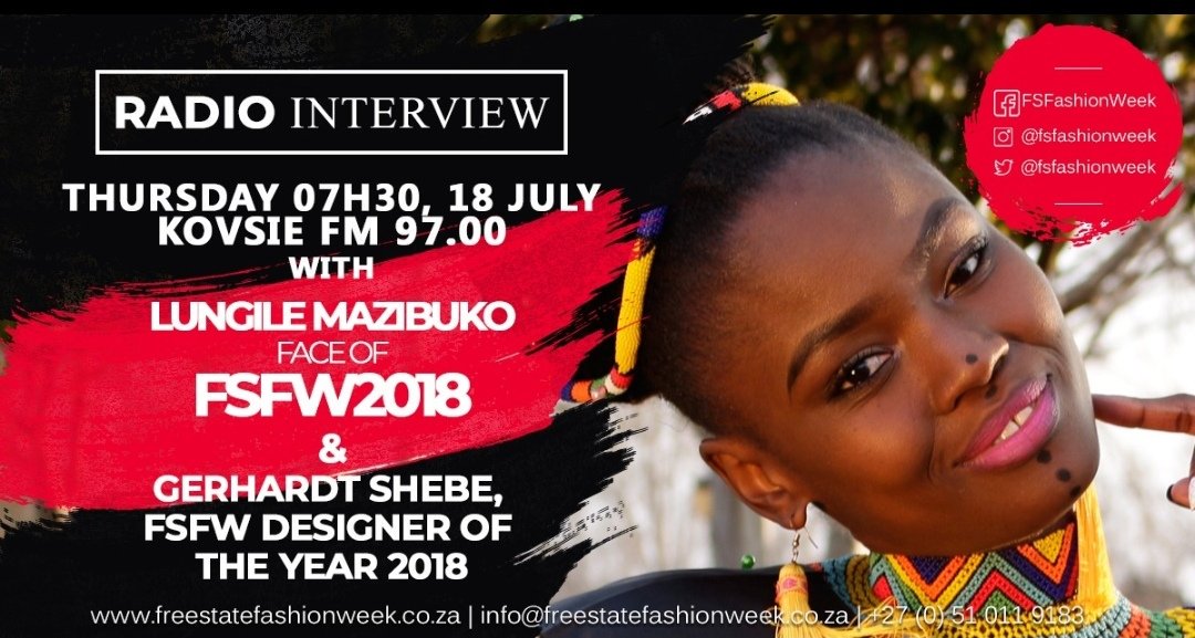 FSFASHIONWEEK's tweet photo. Tune into @KovsieFM97 tomorrow (Thur) at 07h30 and catch Lungile MAZIBUKO, Face of Free State Fashion Week 2018 together with Fashion Designer, Gerhardt SHEBE on #MonateFelaBreakfast.
#FaceOfFSFW #FreeStateFashionWeek
#FSFW19 https://t.co/0H6x0mhARJ