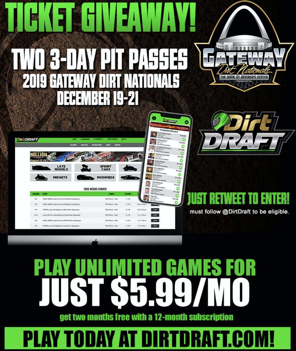 TICKET GIVEAWAY!! The new Fantasy Dirt Track Racing App <a href="/DirtDraft/">Dirt Draft</a> is giving away (2) 3-Day Pit Passes to the 2019 <a href="/GatewayDirt/">GatewayDirtNationals | #DirtInDecember</a> Nationals! RT this post to be entered to Win!! MUST follow <a href="/DirtDraft/">Dirt Draft</a> on Twitter to be Eligible! #DirtInDecember