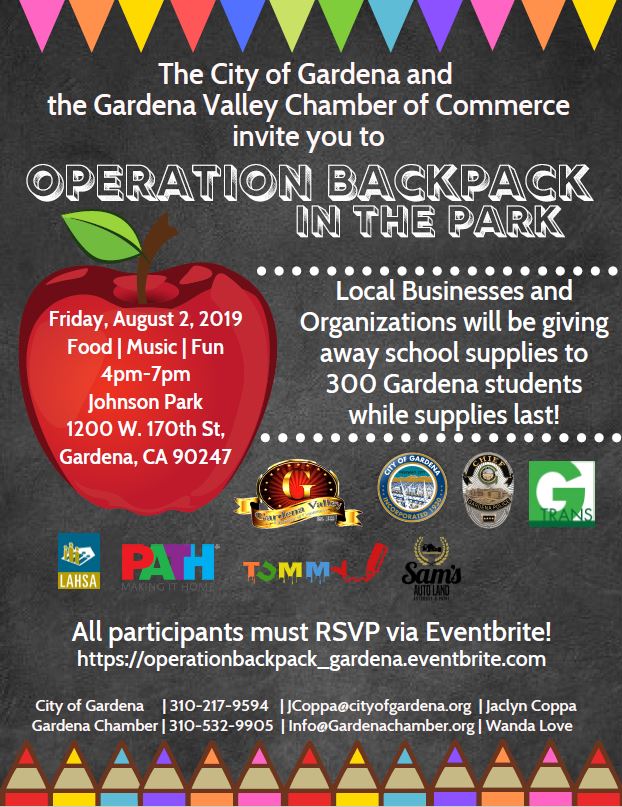 RideGTrans's tweet photo. Operation Backpack in the Park Friday, August 2nd from 4-7p.m.
RSVP: https://t.co/0TtvBXVwjI
#RideGTrans #GTrans #cityofgardena #backtoschool https://t.co/kngbFkv1Tr