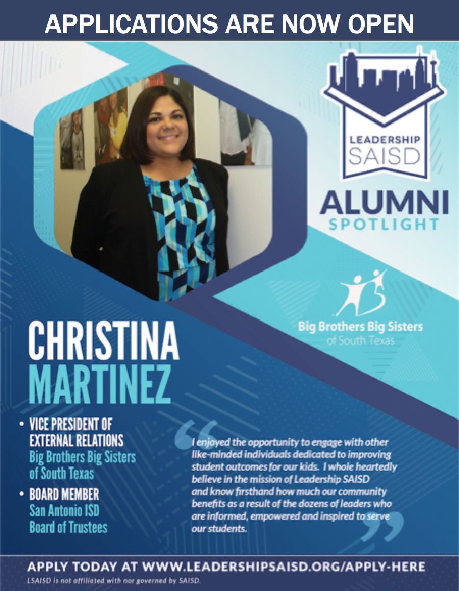 Last Day to Apply! Check out what our alums have to say about LSAISD . Christina Martinez serves as VP of External Relations at Big Brothers Big Sisters and School Board Member at San Antonio Independent School District. Apply today at leadershipsaisd.org/apply-here #informtransform