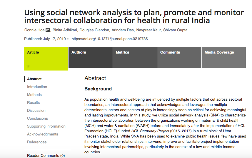 conniehoe1's tweet photo. Our manuscript is now available - Using social network analysis (#sna) to monitor #intersectoralcollaboration in rural #India: https://t.co/OTtOXZZMri @JohnsHopkinsIH @HopkinsIHHS @AdhikariBini @dmglandon https://t.co/fZg6vy64QA