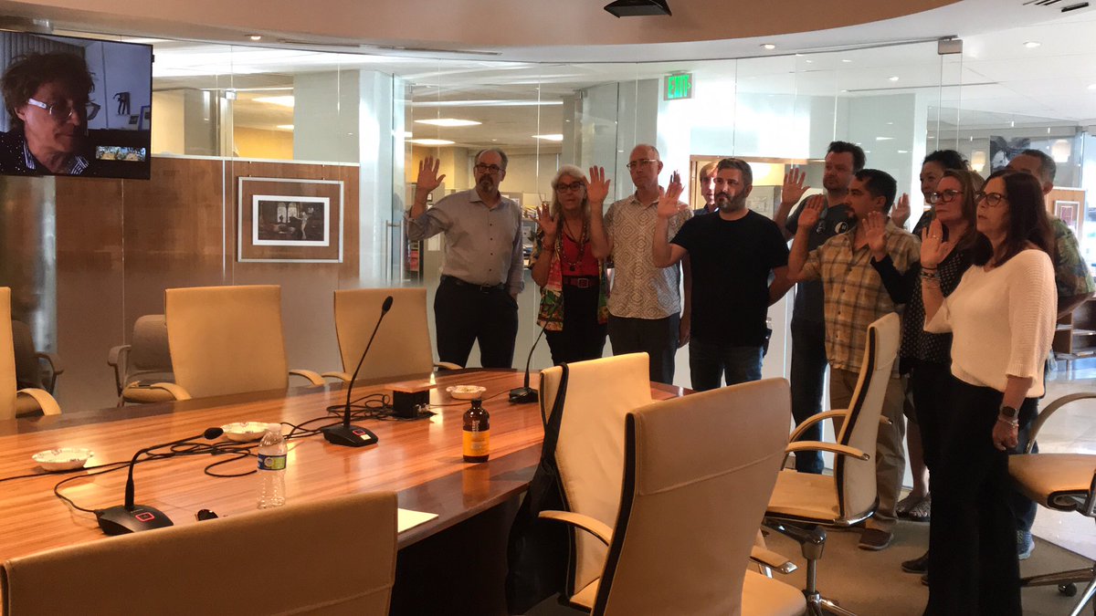 ADG800's tweet image. Newly elected #ADG800 Board Members were sworn in this week by #Local800 President Nelson Coates. Congratulations to all and thank you to everyone who participated in the election! Learn more about the Guild by visiting ADG.org!