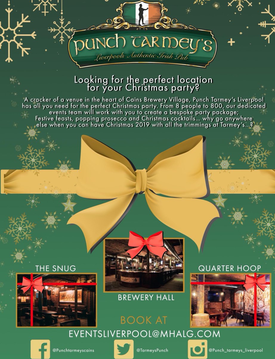 🥂All the trimmings at Tarmey's!🥂
.
Punch Tarmey's has all you need for the perfect Christmas Party! From 8 to 800 people, our dedicated events team will work with you to create a bespoke party package!
.
If you would love to Party at Punch contact eventsliverpool@MHALG.com