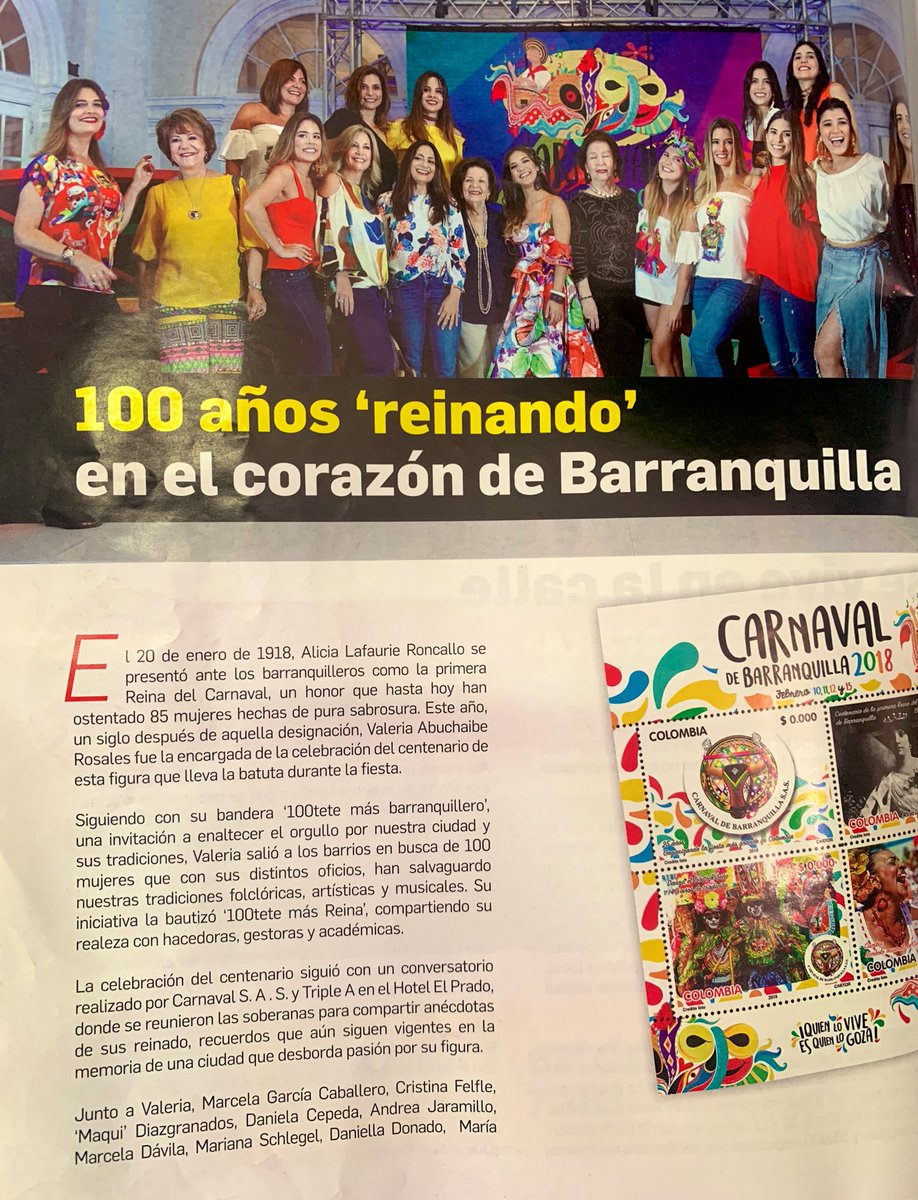 ¡Un Carnaval de pura sabrosura con <a href="/vabuchaiber/">Valeria Abuchaibe Rosales</a>!👑🎉 En el 2018 la #RevistaCarnaval celebró el centenario de la figura de la Reina en la Fiesta👸🏻, la presentación del Carnaval de Barranquilla al Papa Francisco en Cartagena y #ColombiaDeCarnaval en las ciudades del país 🇨🇴.