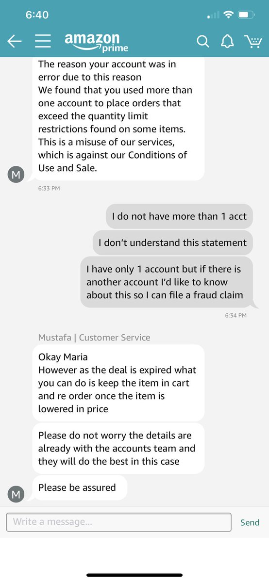 C6Cece's tweet photo. @amazon please work with your customer service team on better ways to communicate bad news- telling your clients “don’t worry about the details ” when I’m finding out there’s a fraudulent claim in my name is not what a customer should hear. https://t.co/pcepnCahhe