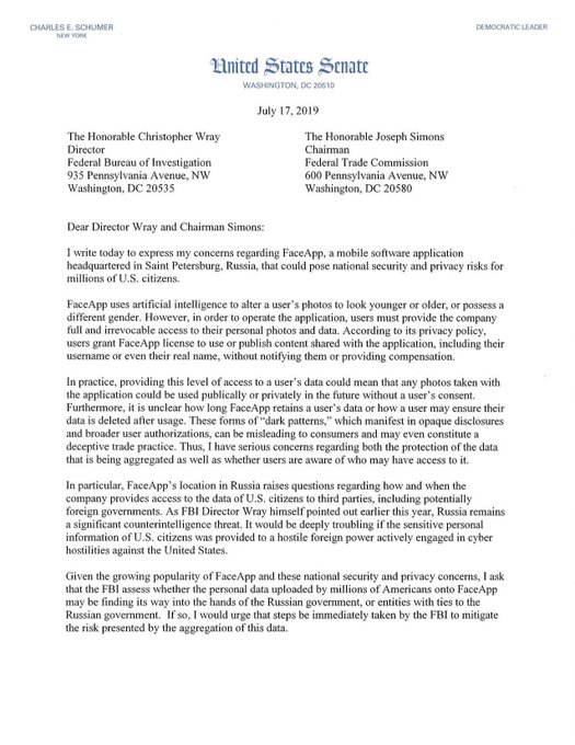 Page 1 of Senator Schumer's letter to the FBI and FTC.