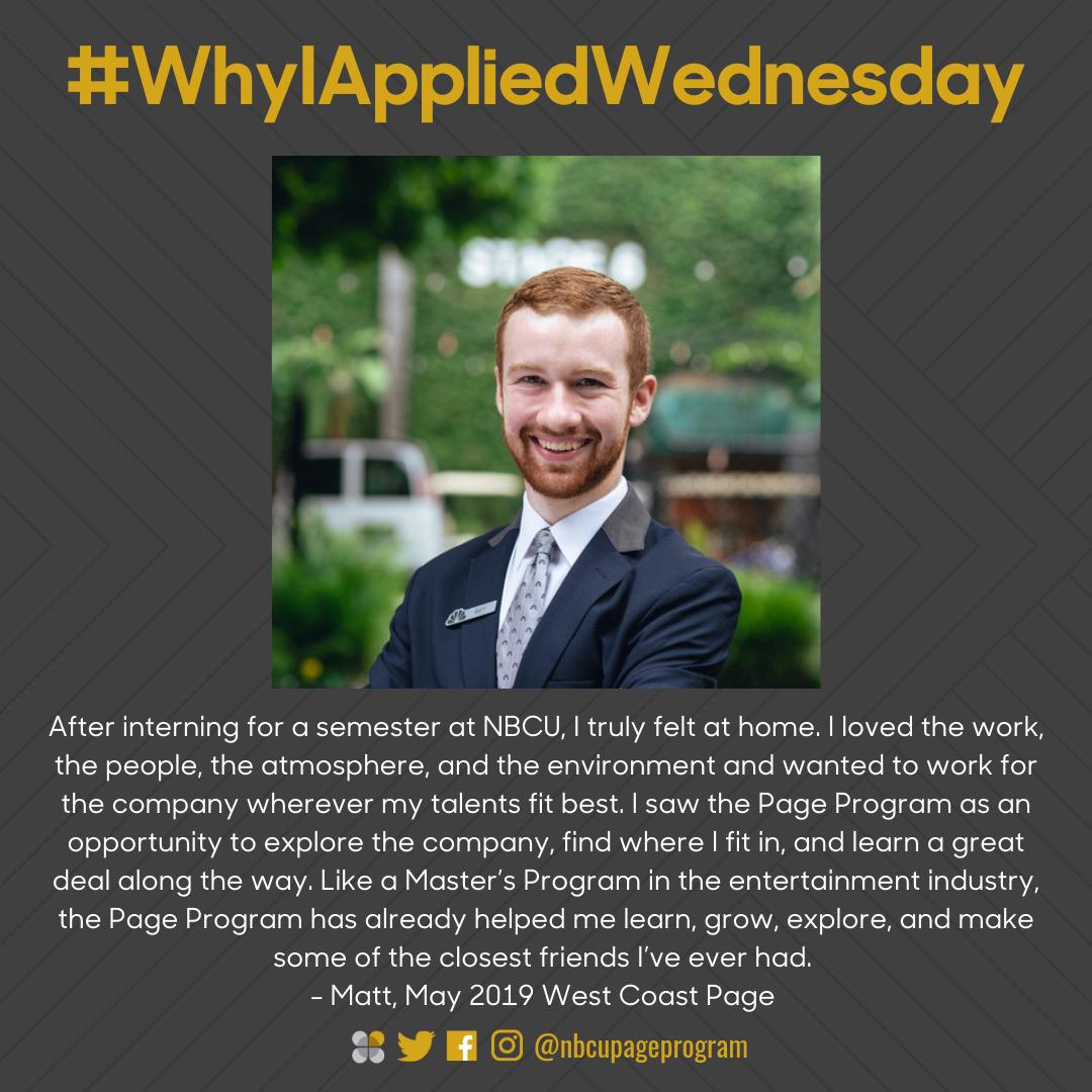 nbcuPageProgram's tweet photo. Check out what drew West Coast Page, Matt to the Page Program in this weeks edition of #WhyIAppliedWednesday!!
#PageAtNBCU https://t.co/HeDnRZuhhf