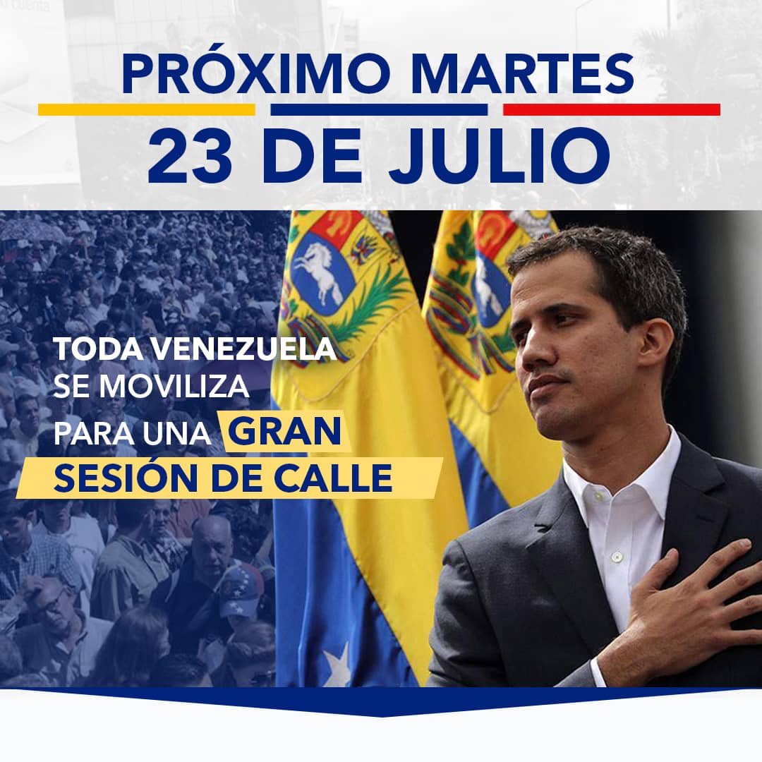 La sesión del próximo #23Jul será junto al pueblo en la calle. 

Convocamos a toda Venezuela a movilizarse. Juntos, con el poder de la fuerza ciudadana y el ejercicio del Parlamento Nacional, avanzaremos a una próxima etapa en nuestra lucha. 

¡Todos a Caracas! #GranSesiónDeCalle
