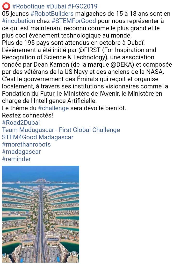 pastis261's tweet image. Robotique #Dubai #FGC2019

05 jeunes #RobotBuilders malgaches de 15 à 18 ans sont en #incubation chez @STEM4Good pour nous représenter à ce qui est maintenant reconnu comme le plus grand et le plus cool événement technologique au monde.