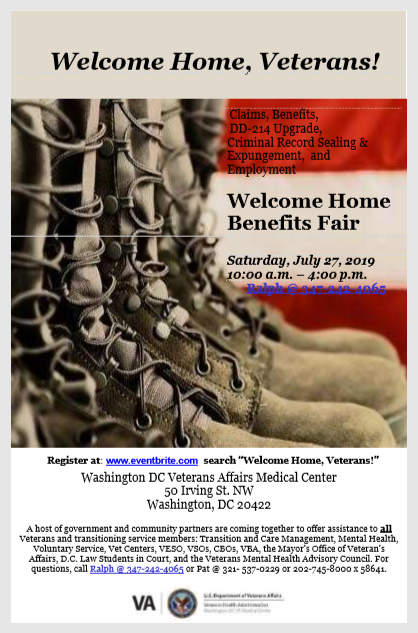 Will we see you there? Meet us at the 'Welcome Home Benefits Fair' on Saturday July 27th at the Washington DC VA Medical Center from 10am- 4pm #AMVETSCC #VETERANSFAIR #RECORDEXPUNGEMENT #EMPLOYMENT #JOBFAIR #DCJOBS