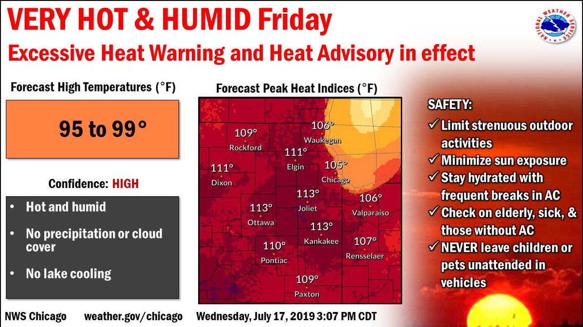 NWSChicago's tweet photo. Excessive Heat Warning is in effect from now through Saturday evening. Friday looks to be the warmest day of the year so far. https://t.co/OF3hfA8xCQ