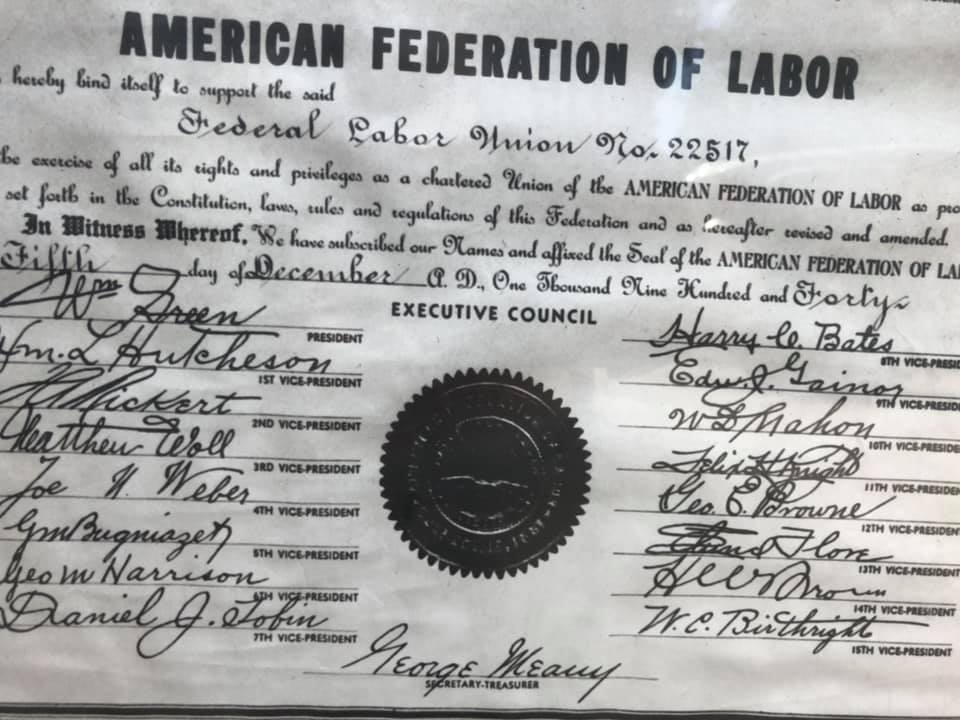 labor_united's tweet photo. Rockford United Labor has a long history of advocating for working people in the Rockford area. Today we dug up our AFL-CIO charter, signed in 1940. @AFLCIO @ILAFLCIO https://t.co/ahJxmUxHTl