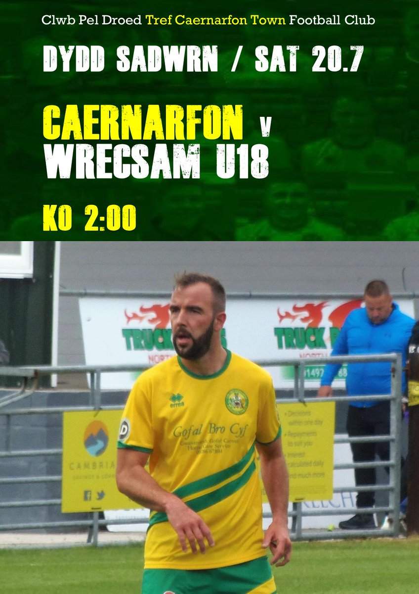 CaernarfonTown's tweet photo. Yda ni'n croesawu tím o dan 18 @Wrexham_AFC i'r Oval dydd sadwrn yma. KO am 2:00! @papurdre @WPL_Official @ClwbCanaries @Cofiarmy 
We look forward to welcoming @Wrexham_AFC Under 18's to the Oval this Saturday. KO at 2:00pm. https://t.co/WfsDETPGPo
