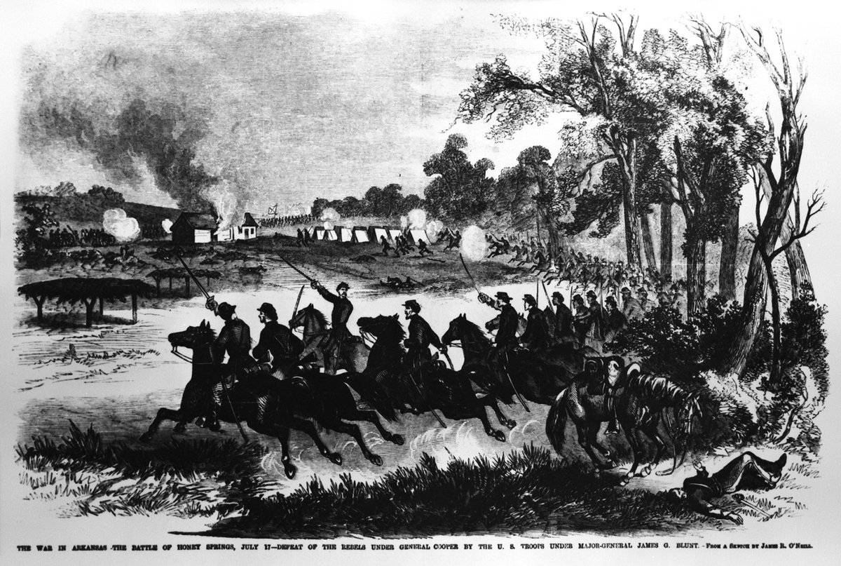 On this day in #OKHistory 1863, Union and Confederate forces met at the Battle of Honey Springs. Learn about the skirmish and the African American, American Indian, and white soldiers who fought in this decisive Indian Territory battle: ow.ly/asJ850v3onq