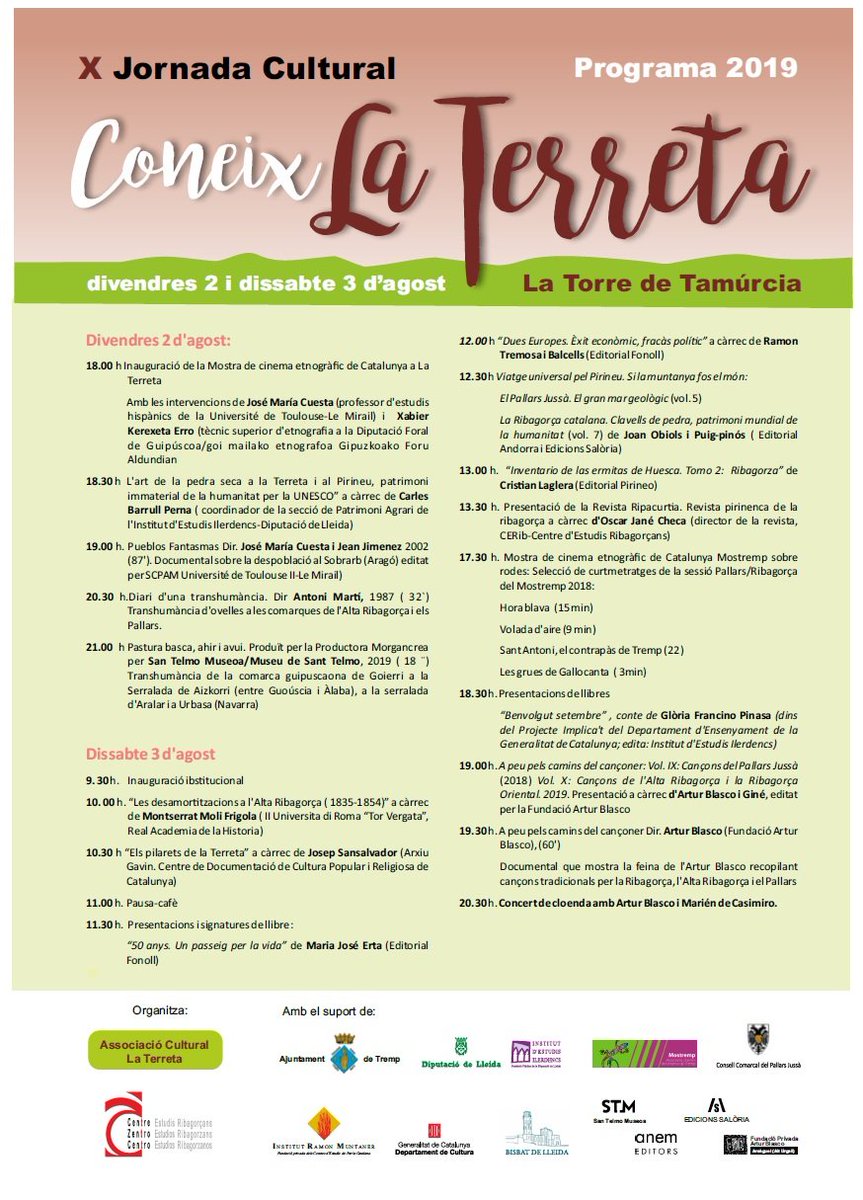 2 i 3 d'agost a la Torre de Tamúrcia: X Jornada Cultural Coneix la Terreta <a href="/ACLaTerreta/">@ac.LaTerreta</a> <a href="/iramunt/">Institut Ramon Muntaner</a> <a href="/IEI_lleida/">IEI</a> <a href="/DiputacioLleida/">Diputació de Lleida</a> <a href="/cultpopular_cat/">Cultura Popular</a> <a href="/AjTremp/">Ajuntament de Tremp</a> <a href="/ajvilaller/">Ajuntament Vilaller</a> <a href="/CCAltaRibagorca/">CC Alta Ribagorça</a> <a href="/ConsellJussa/">CC Pallars Jussà</a> <a href="/bisbatlleida/">bisbatlleida</a> <a href="/Mostremp/">Mostremp</a> <a href="/Barrull/">Carles Barrull</a> <a href="/KalegoiXabier/">Xabier Kerexeta Erro</a> <a href="/ramontremosa/">Ramon Tremosa 🎗🌹</a> <a href="/OscarJaneCh/">Oscar Jané</a>