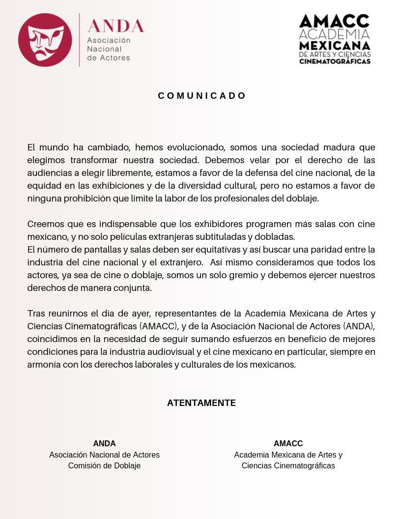 andactores's tweet photo. El día de ayer,  la ANDA y la AMACC sostuvimos una reunión de la que se desprende el siguiente comunicado que compartimos. @CalvActor @marco_trevino @zaratejorge61 @oscarb59 @AcademiaCineMx @lauaya1 #TodosomoslaANDA #ConstruyamoslanuevaANDA https://t.co/DtC3lvrh3A